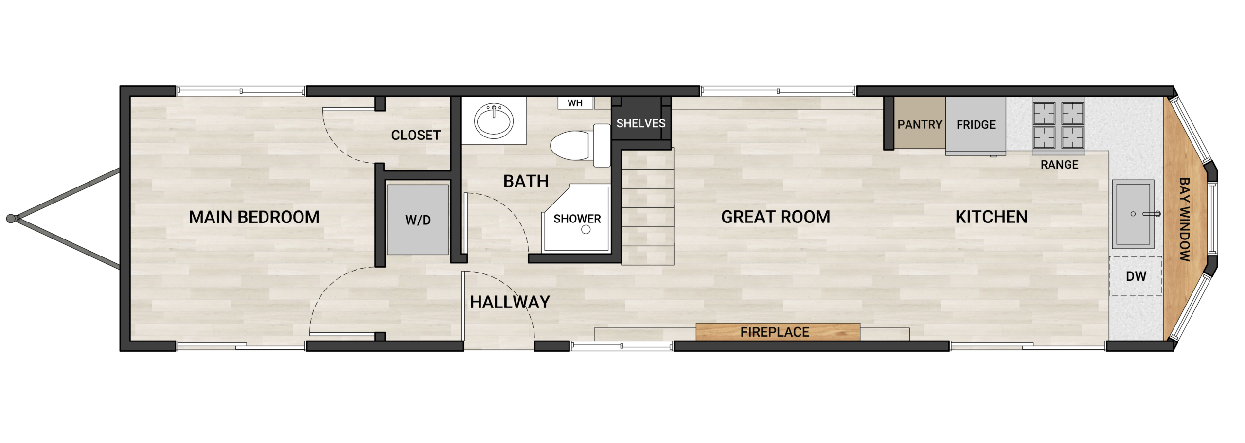 Frontier Perpetua 4305 40-foot tiny home floor plan with 3 bedrooms