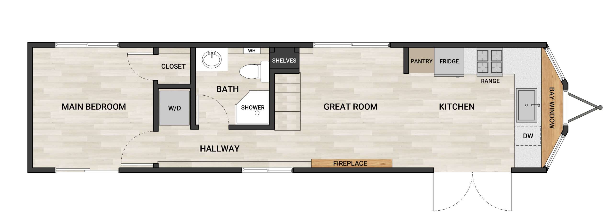Frontier Perpetua 4401 40-foot tiny home floor plan with 4 bedrooms
