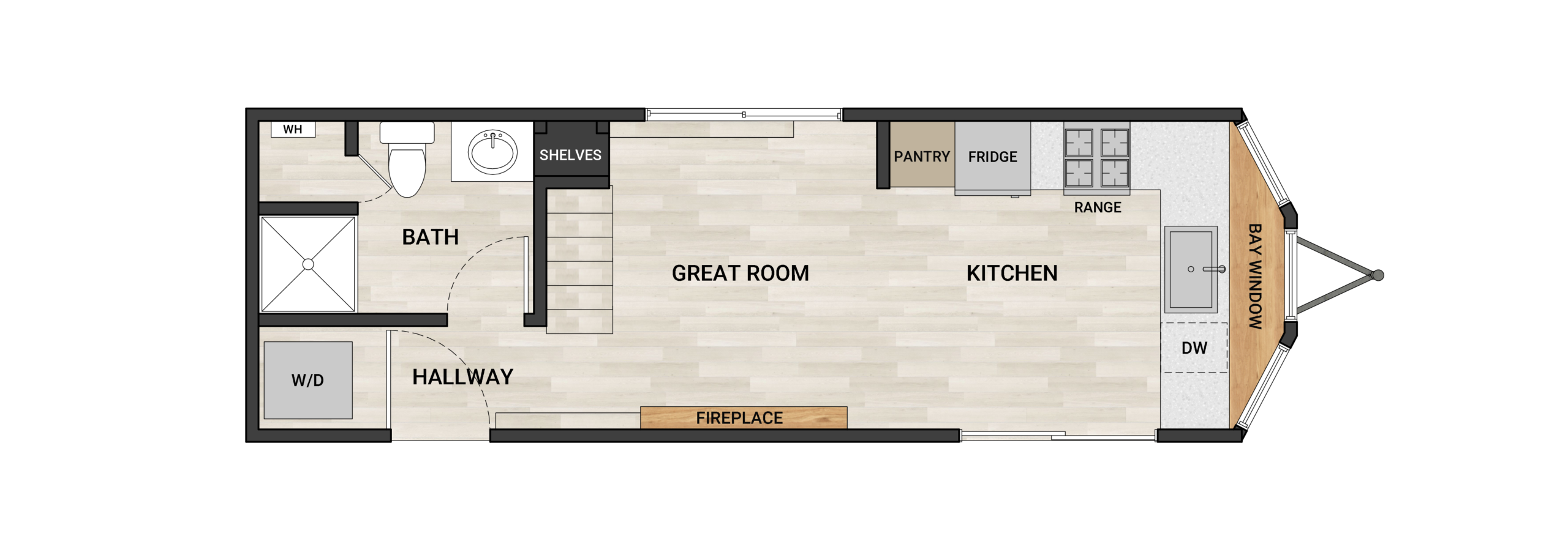 Frontier Felicity 3020 30-foot tiny home floor plan with 2 bedrooms