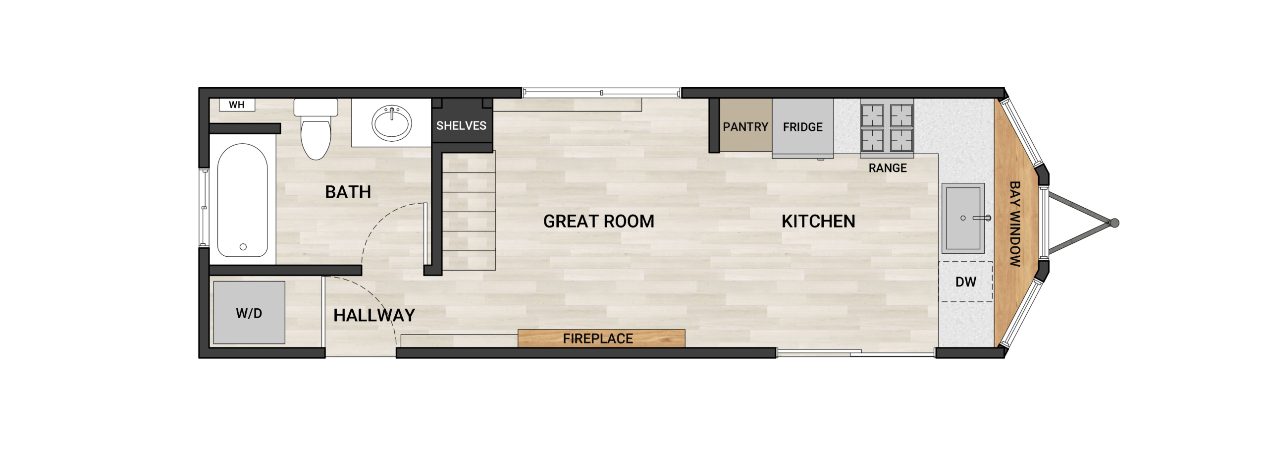 Frontier Felicity 3021 30-foot tiny home floor plan with 2 bedrooms