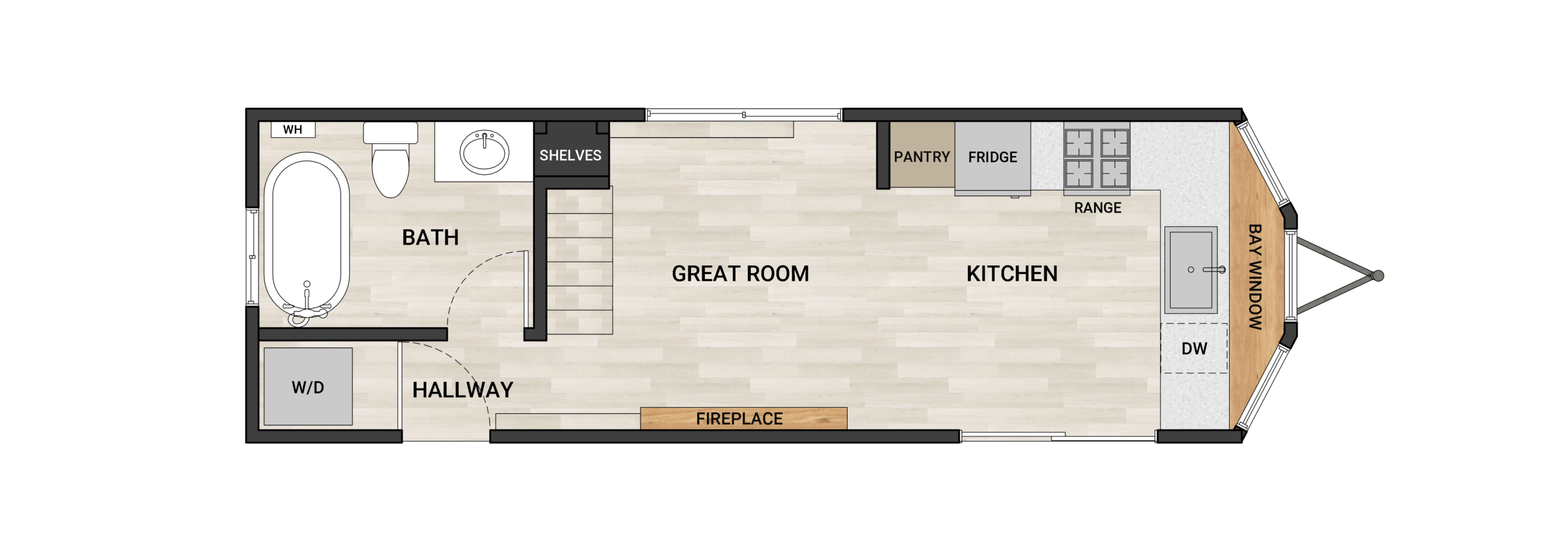 Frontier Felicity 3022 30-foot tiny home floor plan with 2 bedrooms
